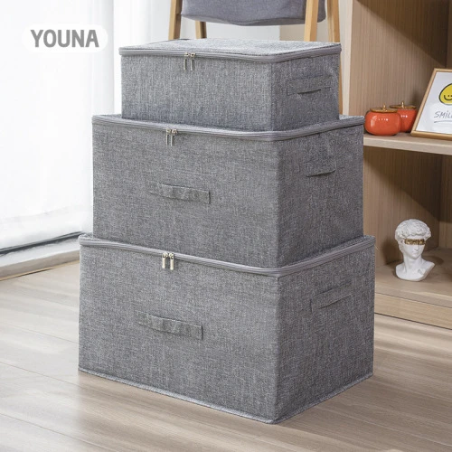 Double zipper storage box foldable clothes cotton and linen storage box fabric c